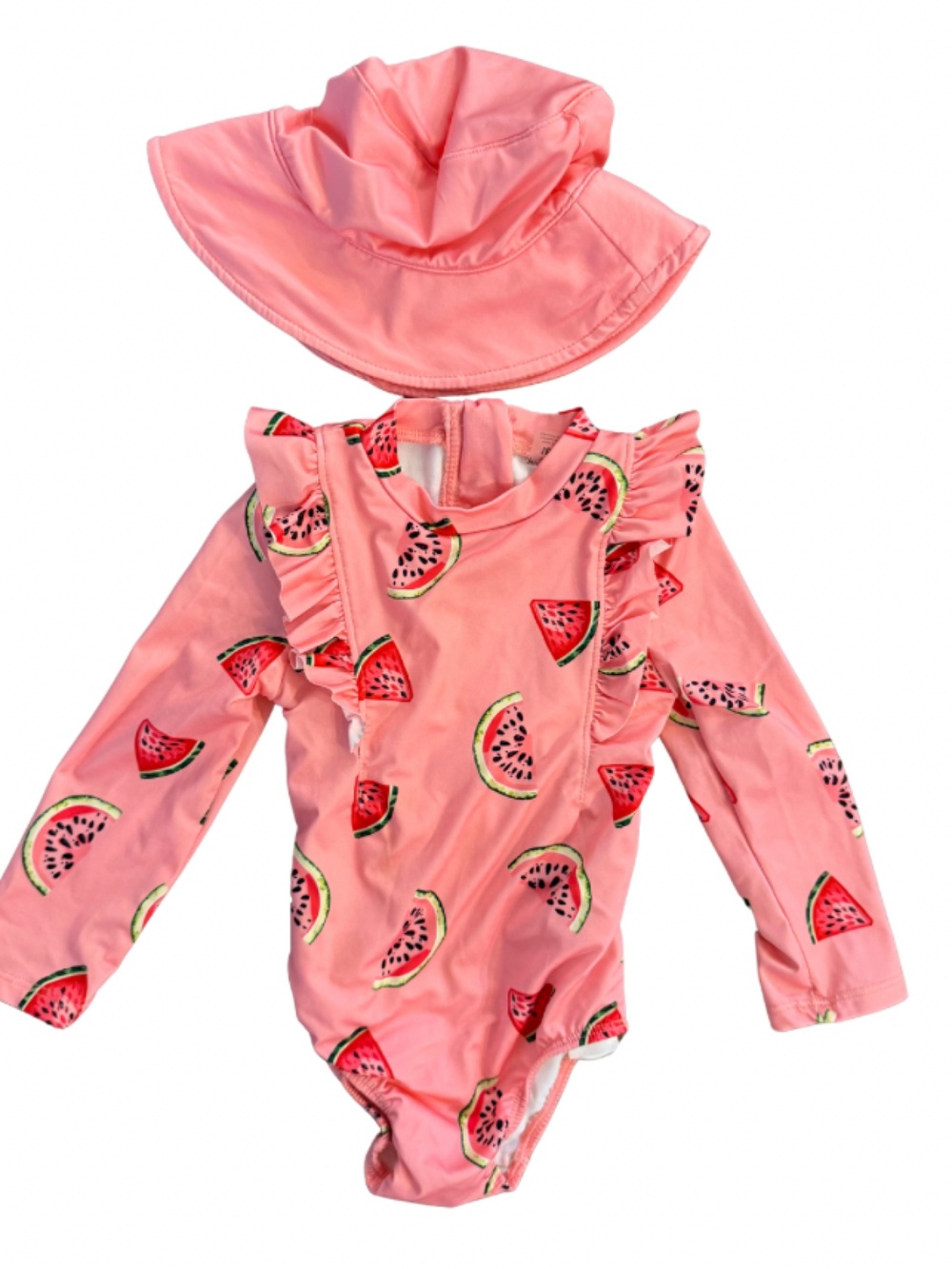 Kids Pink Watermelon Long-Sleeve Swim Set with Sun Hat